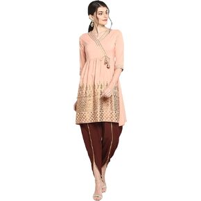 Janasya Indian Women's Peach Poly Crepe Kurta With Dhoti Pant