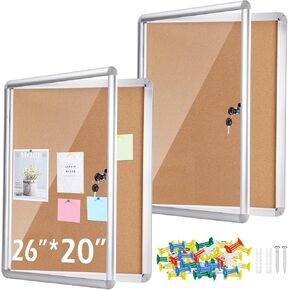 2 Pieces Enclosed Bulletin Board 26 x 20 Inch Lockable Notice Board Case Aluminum Framed Waterproof Noticeboards Cabinet with Mounting Screws for Office School Classroom Wall Display