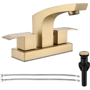 Gold Bathroom Sink Faucet Centerset, Stainless Steel Brushed Gold Faucet for Bathroom Sink with Pop Up Drain Assembly and cUPC Supply Lines, 4 in Center Set 2 Handle Bathroom Faucet Matte Gold
