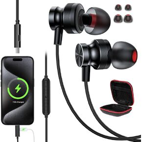 USB C Headphones with Charging for iPhone 15 Plus Pro Max,Samsung S24 S23 S22 A53,Magnetic USB-C Wired Earbuds Noise Canceling in-ear Earphones with Mic Volume Control for iPad,Pixel,Oneplus