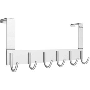 Door Hooks Hanger Rack, Aluminum Utility Organizer Towel Hooks Holder for Kithchen Bathroom, 5 Hooks Over The Door Hanger Silver