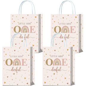 Brattol 16 Pcs Little Miss Onederful Birthday Decorations - birthday treat bag Durable Kraft with Handle Boho Goodie Bag Isn't She Onederful Birthday Decoration 1st Birthday Gift Bag Groovy One