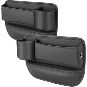 2PCS Car Leather Cup Holder Gap Bag,with Charging Cable Hole Seat Gap Storage Box,with Water Cup Holder Car Seat Gap Filler Organizer for Phone, Glasses, Keys, Bank Card, Lipstick (Black)