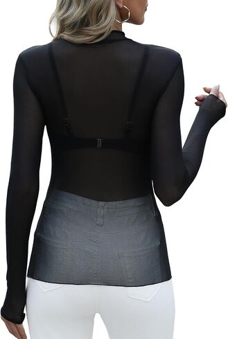 OFEEFAN Womens Long Sleeve Mesh Top See Through Mock Neck Sheer Blouses in Saudi Arabia