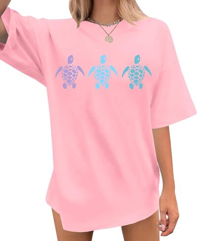 Sea Turtle Shirts Women: Oversized Hawaiian Shirt Beach Graphic T-Shirt Turtle Graphic Tee Casual Vacation Tops in Saudi Arabia
