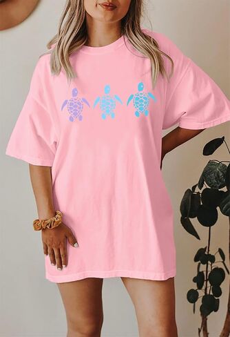 Sea Turtle Shirts Women: Oversized Hawaiian Shirt Beach Graphic T-Shirt Turtle Graphic Tee Casual Vacation Tops in Saudi Arabia