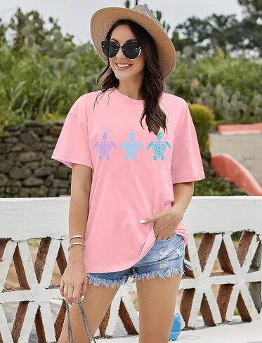 Sea Turtle Shirts Women: Oversized Hawaiian Shirt Beach Graphic T-Shirt Turtle Graphic Tee Casual Vacation Tops in Saudi Arabia