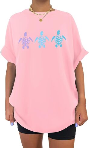 Sea Turtle Shirts Women: Oversized Hawaiian Shirt Beach Graphic T-Shirt Turtle Graphic Tee Casual Vacation Tops in Saudi Arabia