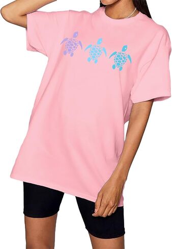 Sea Turtle Shirts Women: Oversized Hawaiian Shirt Beach Graphic T-Shirt Turtle Graphic Tee Casual Vacation Tops in Saudi Arabia