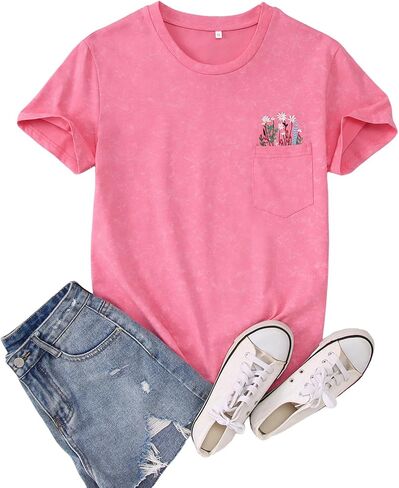 BOUTIKOME Womens Vintage T-Shirt Embroidered Wildflower Shirts Retro Boho Summer Tees with Pocket Casual Short Sleeve Tops in Saudi Arabia