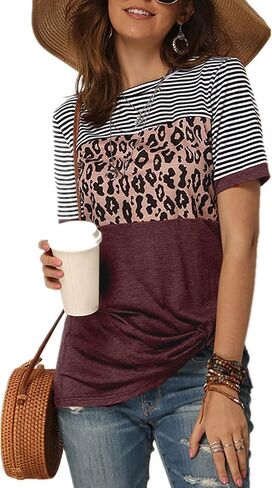 Necooer Womens Casual Crewneck Twist Knot Blouse Short Sleeve Color Block Fashion Striped Tops Shirts Loose Fit in Saudi Arabia