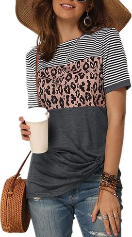 Necooer Womens Casual Crewneck Twist Knot Blouse Short Sleeve Color Block Fashion Striped Tops Shirts Loose Fit in Saudi Arabia