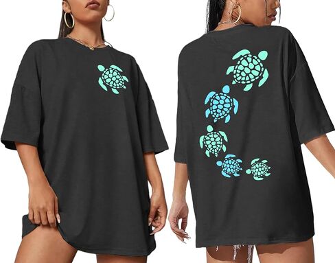 Sea Turtle Shirts Women: Oversized Hawaiian Shirt Beach Graphic T-Shirt Turtle Graphic Tee Casual Vacation Tops in Saudi Arabia