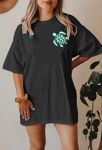 Sea Turtle Shirts Women: Oversized Hawaiian Shirt Beach Graphic T-Shirt Turtle Graphic Tee Casual Vacation Tops in Saudi Arabia