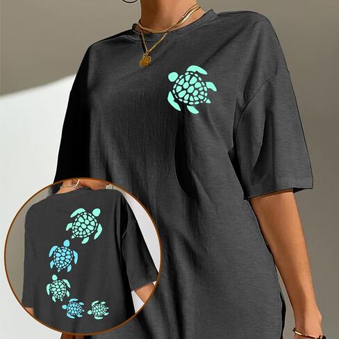 Sea Turtle Shirts Women: Oversized Hawaiian Shirt Beach Graphic T-Shirt Turtle Graphic Tee Casual Vacation Tops in Saudi Arabia