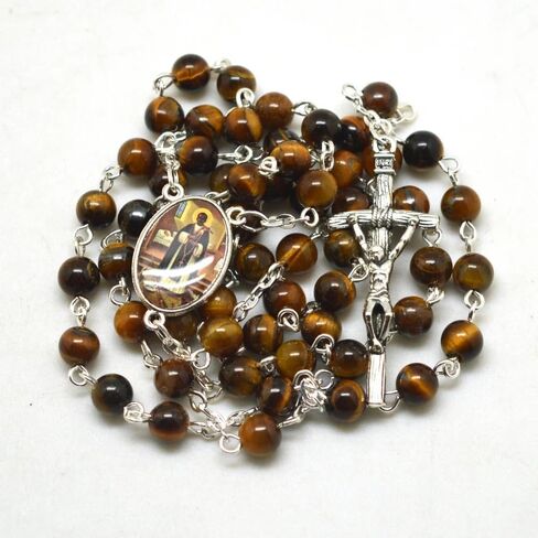 Saint Martin Patron Tiger Eye Brown Rosary 8mm Beads Rosaries with Jesus Crucifix Medal Prayer Gift Keepsake in Saudi Arabia