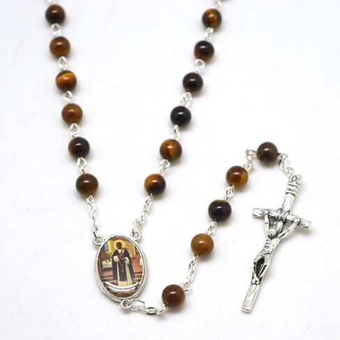 Saint Martin Patron Tiger Eye Brown Rosary 8mm Beads Rosaries with Jesus Crucifix Medal Prayer Gift Keepsake in Saudi Arabia
