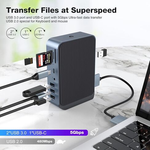 محطة إرساء USB C - محور USB C 15 في 2 يفتح إمكانات الشاشة الثلاثية باستخدام VGA/2*HDMI، قاعدة كمبيوتر محمول 100 وات PD تسهل USB-A/C 3.0 5 جيجابت في الثانية، RJ45 Ethernet، صوت وميكروفون، SD/TF للنوع C حاسوب محمول in Kuwait