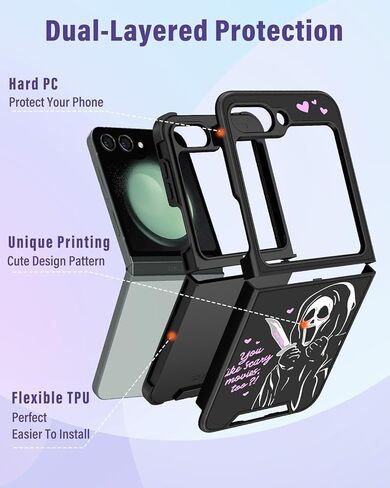 Oqplog for Z Flip 5 حافظة كرتونية لطيفة لهاتف سامسونج فليب 5 مع حامل حلقة للنساء جرلي مضحك عصري فريد من نوعه حافظة هاتف جالاكسي Z فليب 5 لهاتف سامسونج جالاكسي Z فليب 5، جمجمة قلب in Kuwait