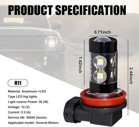 Pack-2 Car H11 LED مصباح ضباب عالي الطاقة، مجموعة شرائح CREE 360 درجة لمبة إضاءة بدون زاوية ميتة، غطاء مصباح تبديد الحرارة السريع من سبيكة مقاومة للزلازل، عالمي لمعظم السيارات (أبيض) in Saudi Arabia