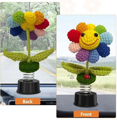 قوس قزح عباد الشمس bobblehead ديكور لوحة القيادة السيارة، الكروشيه وجه مبتسم زهرة اكسسوارات لوحة القيادة السيارة للنساء، محبوكة يدويا ديكور مكتب المنزل، لطيف فتاة سيارة الداخلية مكتب الحلي الهدايا in Kuwait
