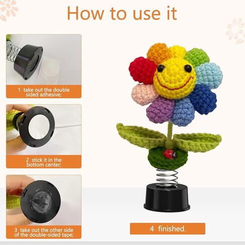 قوس قزح عباد الشمس bobblehead ديكور لوحة القيادة السيارة، الكروشيه وجه مبتسم زهرة اكسسوارات لوحة القيادة السيارة للنساء، محبوكة يدويا ديكور مكتب المنزل، لطيف فتاة سيارة الداخلية مكتب الحلي الهدايا in Kuwait