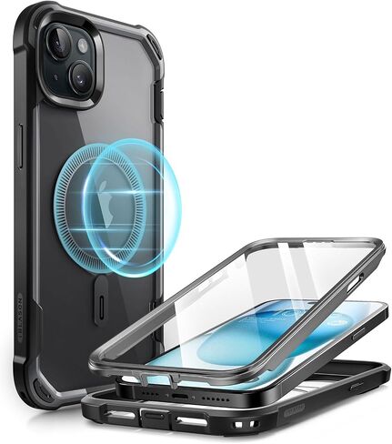 i-Blason AresMag for iPhone 15 Case/iPhone 14 Case/iPhone 13 Case [6.1 inch], [MagSafe Compatible] Full-Body Shockproof Rugged Clear Bumper Case with Built-in Screen Protector (Black) in Saudi Arabia