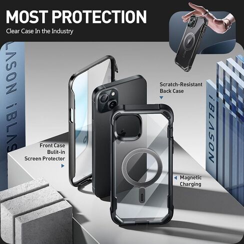 i-Blason AresMag for iPhone 15 Case/iPhone 14 Case/iPhone 13 Case [6.1 inch], [MagSafe Compatible] Full-Body Shockproof Rugged Clear Bumper Case with Built-in Screen Protector (Black) in Saudi Arabia