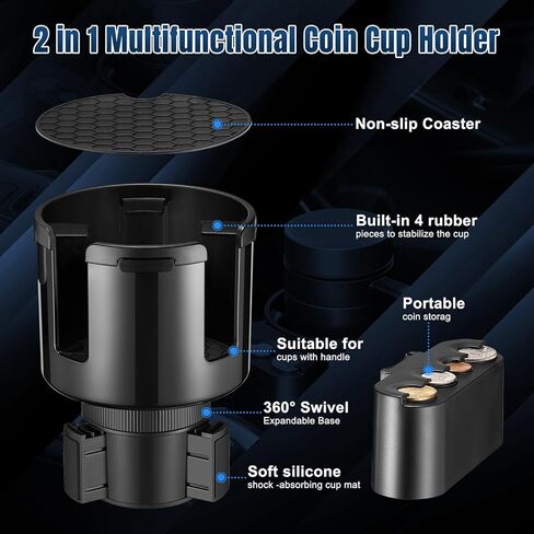 THIS HILL ‎Coin Cup Holder, Upgraded Car Cup Holder Expander with Coin Holder with Diameter Bottles Mugs in 4.4", 2 in 1+Removable Coin Holder Suitable for Most Cars to Store Coins in Kuwait