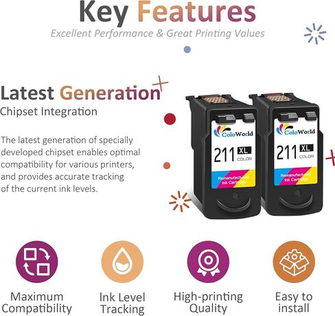 استبدال خراطيش الحبر المعاد تصنيعها من ColoWorld لطابعة Canon 211XL CL-211 (2 ثلاثية الألوان) تستخدم لطابعة Pixma MP495 MX410 MX340 MP250 MX320 MP490 MP499 MX350 MX330 iP2702 MP480 MX420 MP280 iP2700 in Kuwait