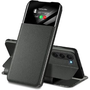 Migexxkj for Samsung Galaxy S23 Case Clear View S23 Case with Card Slot Kickstand Leather Flip Hard PC Shockproof Protective Phone Case Cover for Samsung Galaxy S23 5G (Black)