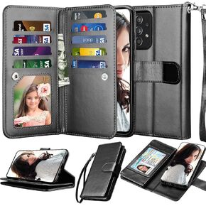 NJJEX Wallet Case for Samsung Galaxy A52S 5G / Galaxy A52 5G / Galaxy A52 Case [9 Card Slots] PU Leather Credit Card Holder Folio Flip [Detachable] Kickstand Magnetic Phone Cover & Lanyard [Black]