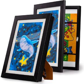 2 Pack Kids Art Frame with Storage - Front Opening Kids Art Frames - Open Display Picture Frames for Kids Drawings, Artworks Children Art Projects (Black)