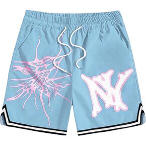 Cozyease Men's Graphic Print Colorblock Elastic High Waist Drawstring Casual Summer Shorts with Pocket