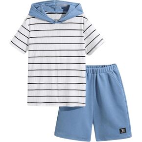 SweatyRocks Boy's 2 Piece Outfits Color Block Striped Print Hooded Tee Top and Shorts Clothing Set