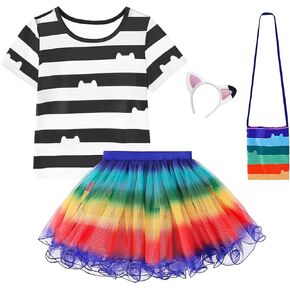Cat Dollhouse Costume for Girls with striped shirt rainbow tutu, Headband and Bag Halloween Birthday Party Outfits