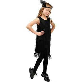 Girl's 1920s Flapper Dress Costume for Kids Roaring 20s Fringed Dress with Feather Headband Party Dress 3-12 Years