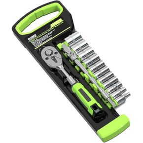 15pcs 1/4 Inch Drive Ratchet Socket Wrench Set, with Metric 4-14mm and Front and Rear Quick Released Ratchet Handle and Extension Bar Universal Joint Hand Drill Adapter, Portable Organizer