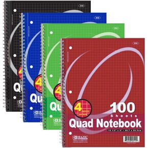 BAZIC Quad-Ruled Spiral Notebook 100 Count, Assorted colors (10 1/2 inches x 8 inches)