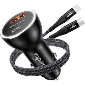 شاحن سيارة PD سريع الشحن مع كابل Lightning USB C معتمد من MFi سلك Carplay بطول 3.3 قدم، محول VOLPORT التلقائي السريع 39 وات شاحن سيارة توصيل الطاقة لهاتف iPhone 15/14/13 Pro Max Xs Max XR X 8 Plus iPad