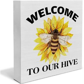 Country Welcome to Our Hive Wood Box Sign Decor Desk Sign Hive Sunflower Quote Wooden Box Block Summer Sign Rustic Home Shelf Wall Decoration