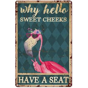 Eeypy Hello Sweet Cheeks Sign for Bathroom Pink Flamingo Why Have A Seat Tin Sign, Decor, Wall Art, Home Decor Metal Signs Farmhouse16x12 inch