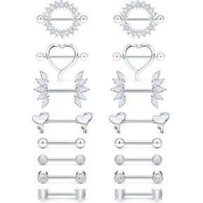 Msndnkwo Nipple Rings for Women Nipple Piercing Jewelry 14G Nipple Rings Surgical steel CZ Nipple Shield Ring 916 Inch 14mm Silver Black Purple Rose Gold 8 Pairs Barbell Body Piercing Jewelry kit