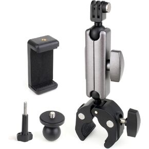 Super Camera Clamp Mount Gopro Insta360 Accessories, Dual 360°Ball Head Magic Arm Adapters with 1/4''-20 Screw, Universal Phone Holder Mount for Bike Handlebar Fence Desk Tree Pole Tripod