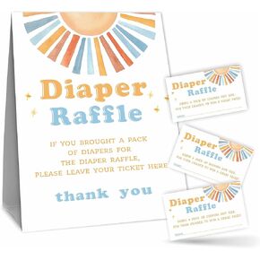 Diaper Raffle Game Kit For Baby Shower(1 Standing Sign + 50 Tickets) - Retro Sun Theme - Gender Reveal, Baby Announcement Party Supplies & Decoration - B11