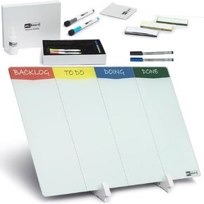 Double Sided Desktop Kanban WhiteBoard Set with Desk Stand. 18"x11", Dry Erase Glass Surface, 24 Reusable Kanban Cards, 6 Markers, Accessories. Portable Project Planning Desk WhiteBoard Kit