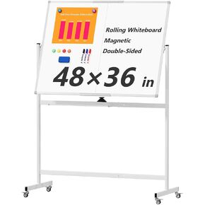 Large Rolling Whiteboard on Wheels, 48 x 36 inches Double-Sided Mobile White Board with Stand, Portable Standing Magnetic Dry Erase Board Easel for Home Office Classroom School