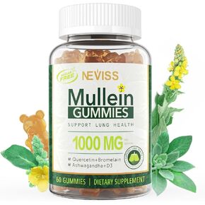 Mullein Leaf Extract for Lungs, Sugar Free Tasty Mullein Gummies 1000mg, Lung Cleanse Supplement for Respiratory System w/ Quercetin & Bromelain, D3 for Digestive Support, Immune Booster, Vegan 60 Cts
