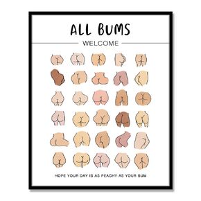 Body Positive Wall Art, Funny Bathroom Art, Self Love Print, All Bums Welcome, Cute Bathroom Butts, Bum Collage, Bathroom Wall Decor, No Framed(11X14 INCH)