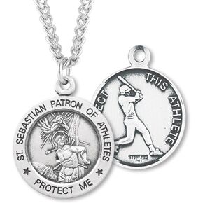 Men's Sterling Silver Round Saint Sebastian Baseball Medal + 24 Inch Endless Rhodium Plated Chain in Saudi Arabia